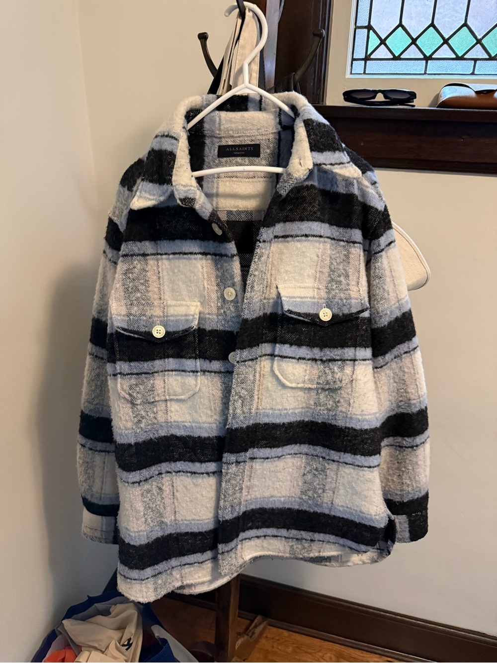 All Saints Black and White Plaid Teddy Shacket